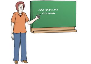 Grafik: Eine Lehrerin zeigt auf eine Tafel.